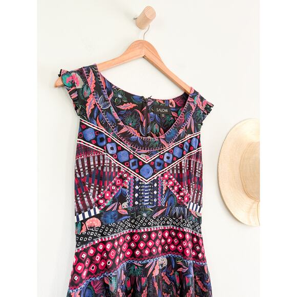 Saloni | Elodie-C A-Line Dress in Garnet Bandhani Placement Blue Red | Sz 8 - Picture 3 of 11